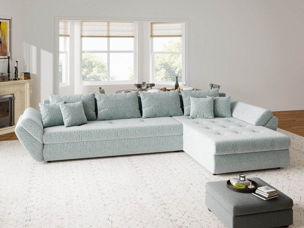 Colțar extensibil dumonde cu ladă de depozitare si sezut confortabil din spuma high-density, Loana XL Jaguar Verde Mint II 335x185 cm