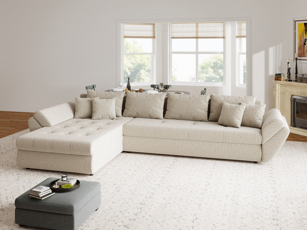 Colțar extensibil dumonde cu ladă de depozitare si sezut confortabil din spuma high-density, Loana XL Jaguar Bej 335x185 cm