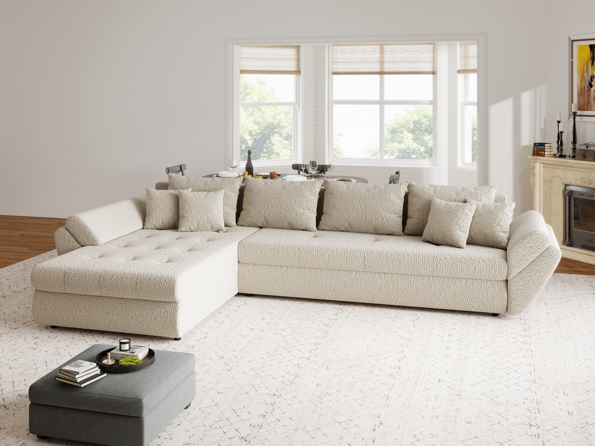 Colțar extensibil dumonde cu ladă de depozitare si sezut confortabil din spuma high-density, Loana XL Jaguar Bej 335x185 cm