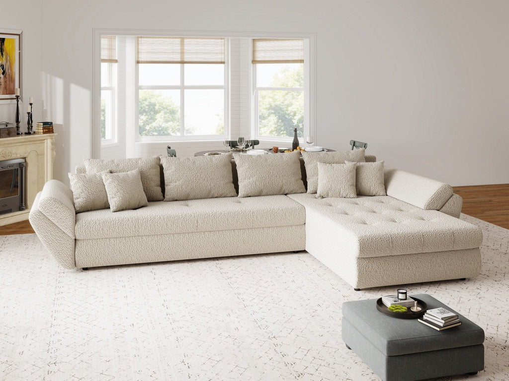 Colțar extensibil dumonde cu ladă de depozitare si sezut confortabil din spuma high-density, Loana XL Jaguar Bej II 335x185 cm