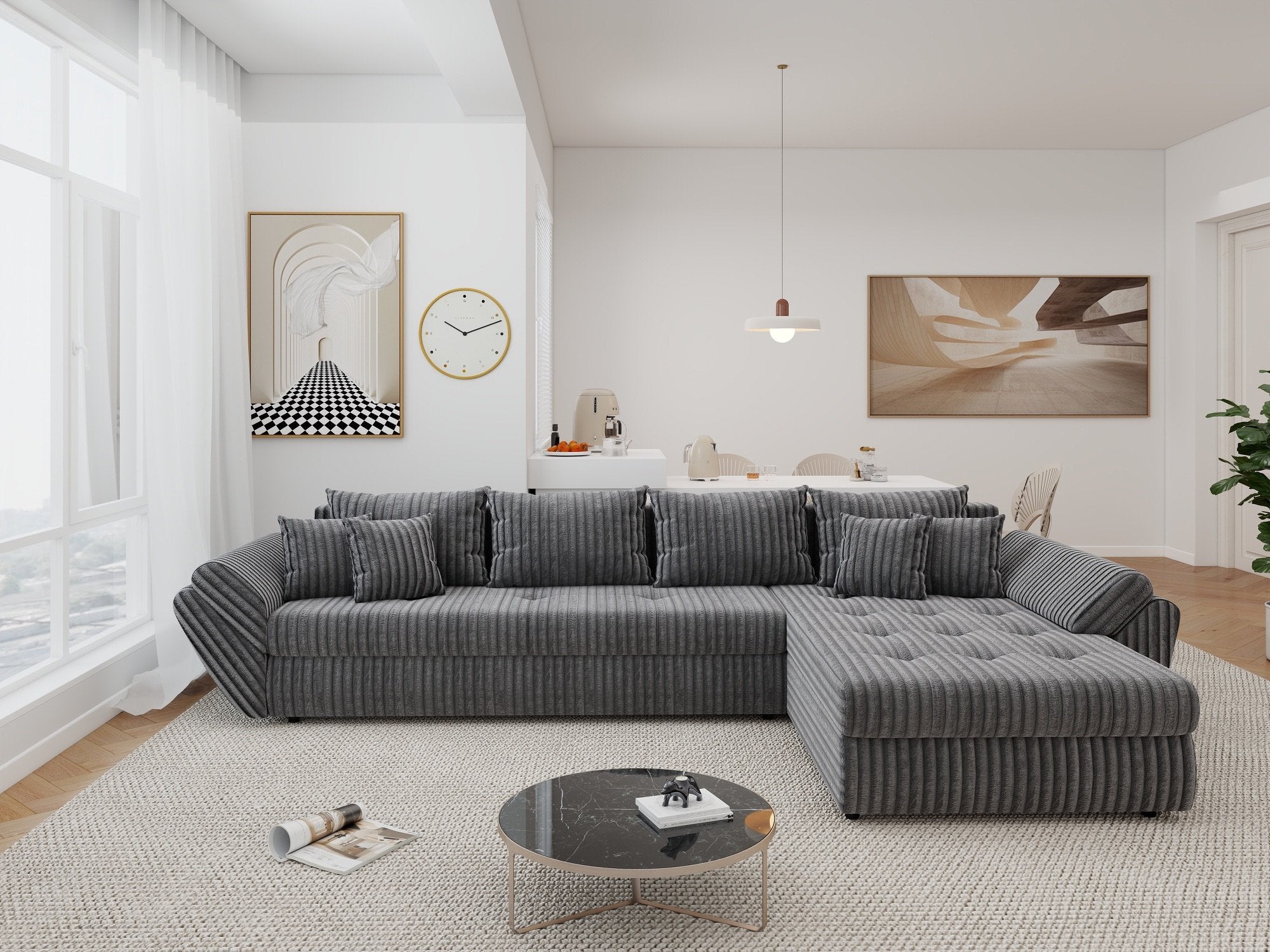 Colțar extensibil dumonde cu ladă de depozitare si sezut confortabil din spuma high-density, Loana XL Tilia Gri 90 II 335x185 cm