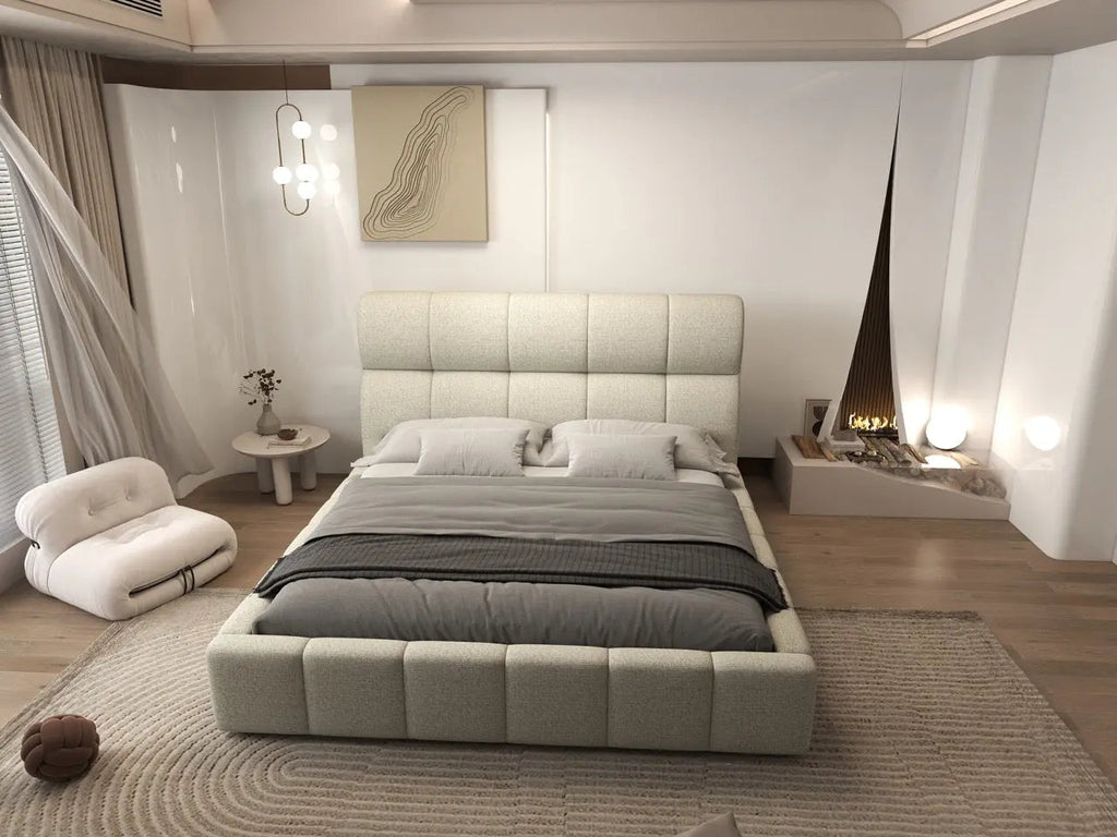 Pat dormitor dumonde, tapitat bej, Prestige 180x200 cm, somiera rabatabila inclusa, spatiu depozitare