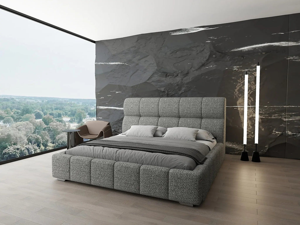 Pat dormitor dumonde, tapitat grey, Prestige 180x200 cm, somiera rabatabila inclusa, spatiu depozitare