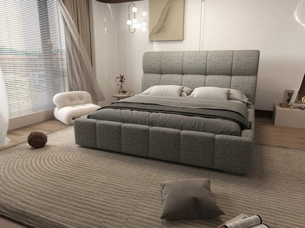 Pat dormitor dumonde, tapitat bej, Prestige 180x200 cm, somiera rabatabila inclusa, spatiu depozitare