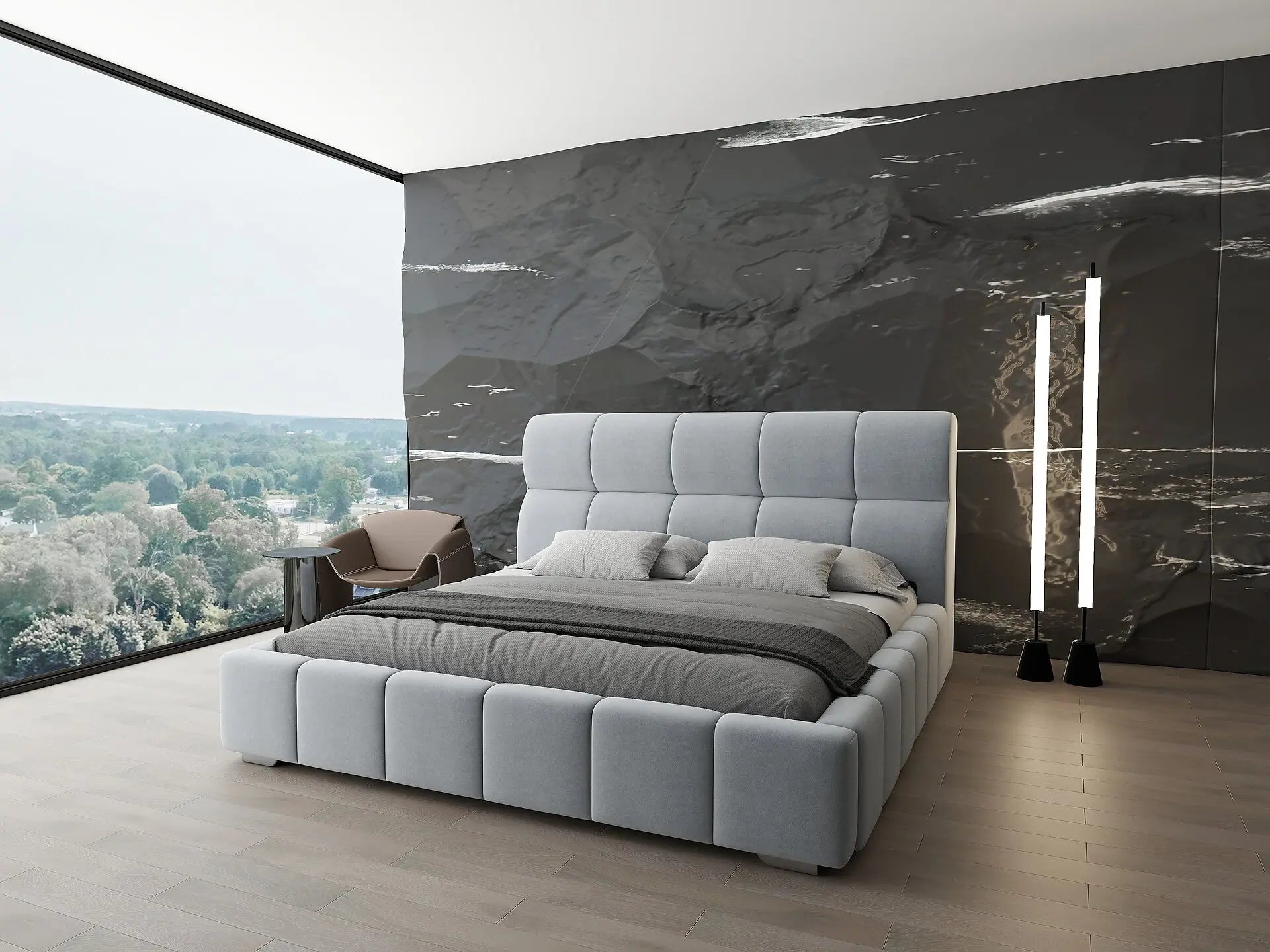 Pat dormitor dumonde, tapitat gri, Prestige 160x200 cm, somiera rabatabila inclusa, spatiu depozitare