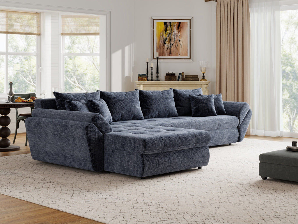 Colțar extensibil dumonde cu ladă de depozitare si sezut confortabil din spuma high-density, Loana XL Cremona Albastru 335x185 cm