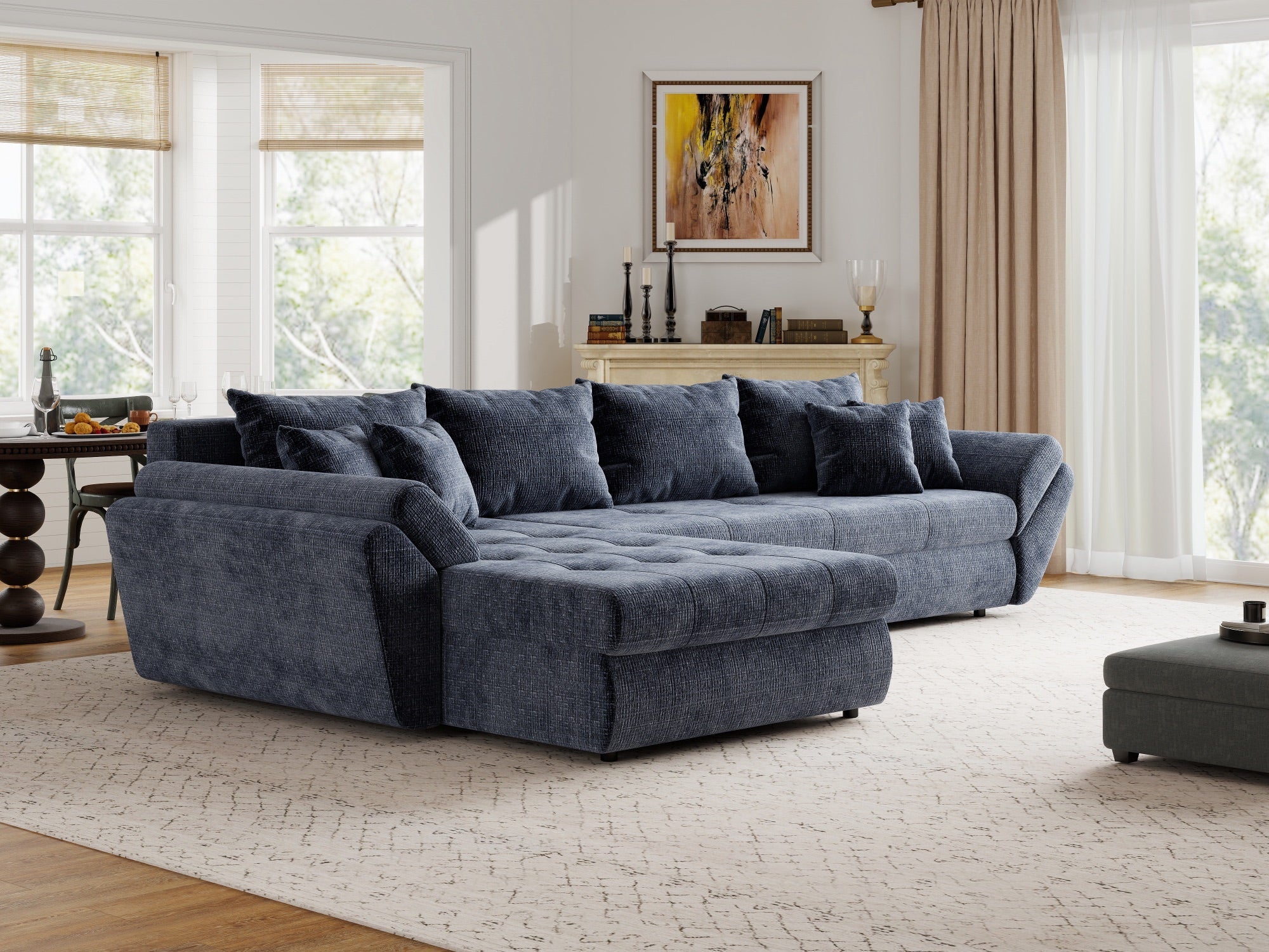 Colțar extensibil dumonde cu ladă de depozitare si sezut confortabil din spuma high-density, Loana XL Cremona Albastru 335x185 cm