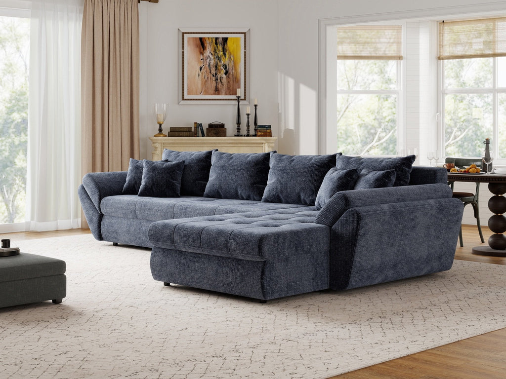 Colțar extensibil dumonde cu ladă de depozitare si sezut confortabil din spuma high-density, Loana XL Cremona Albastru II 335x185 cm