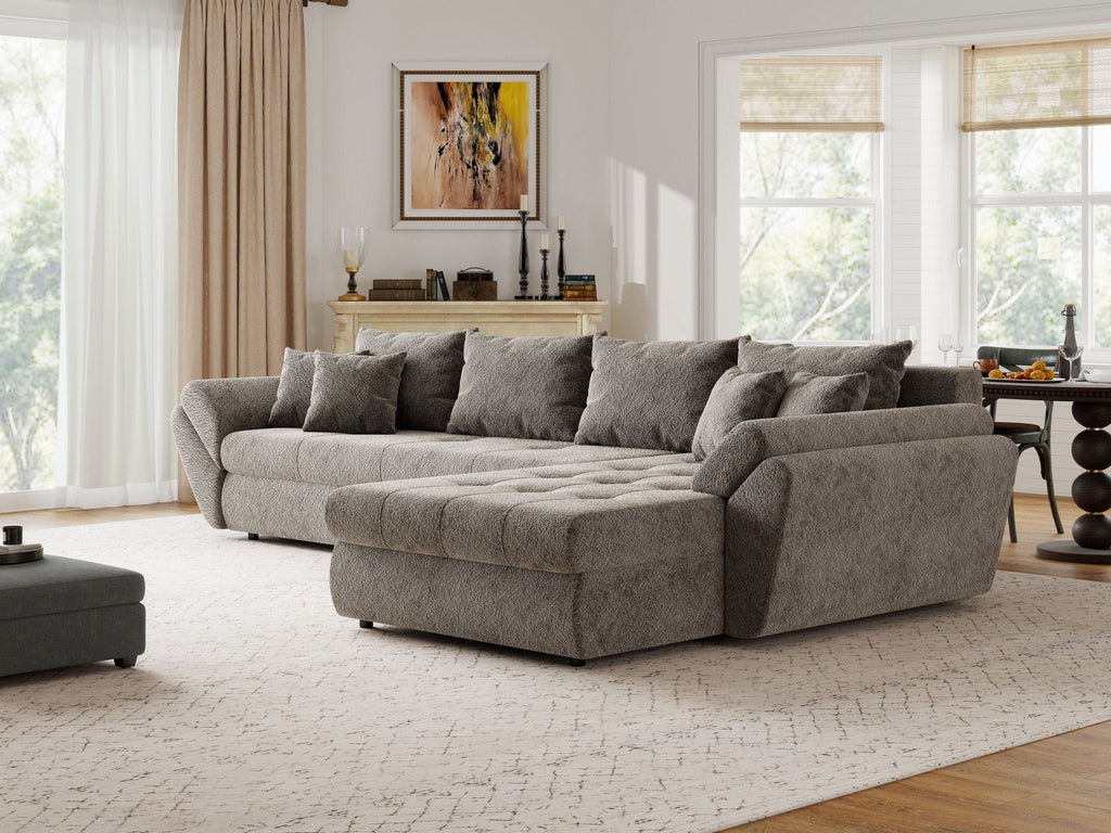 Colțar extensibil dumonde cu ladă de depozitare si sezut confortabil din spuma high-density, Loana XL Arena Taupe II 335x185 cm