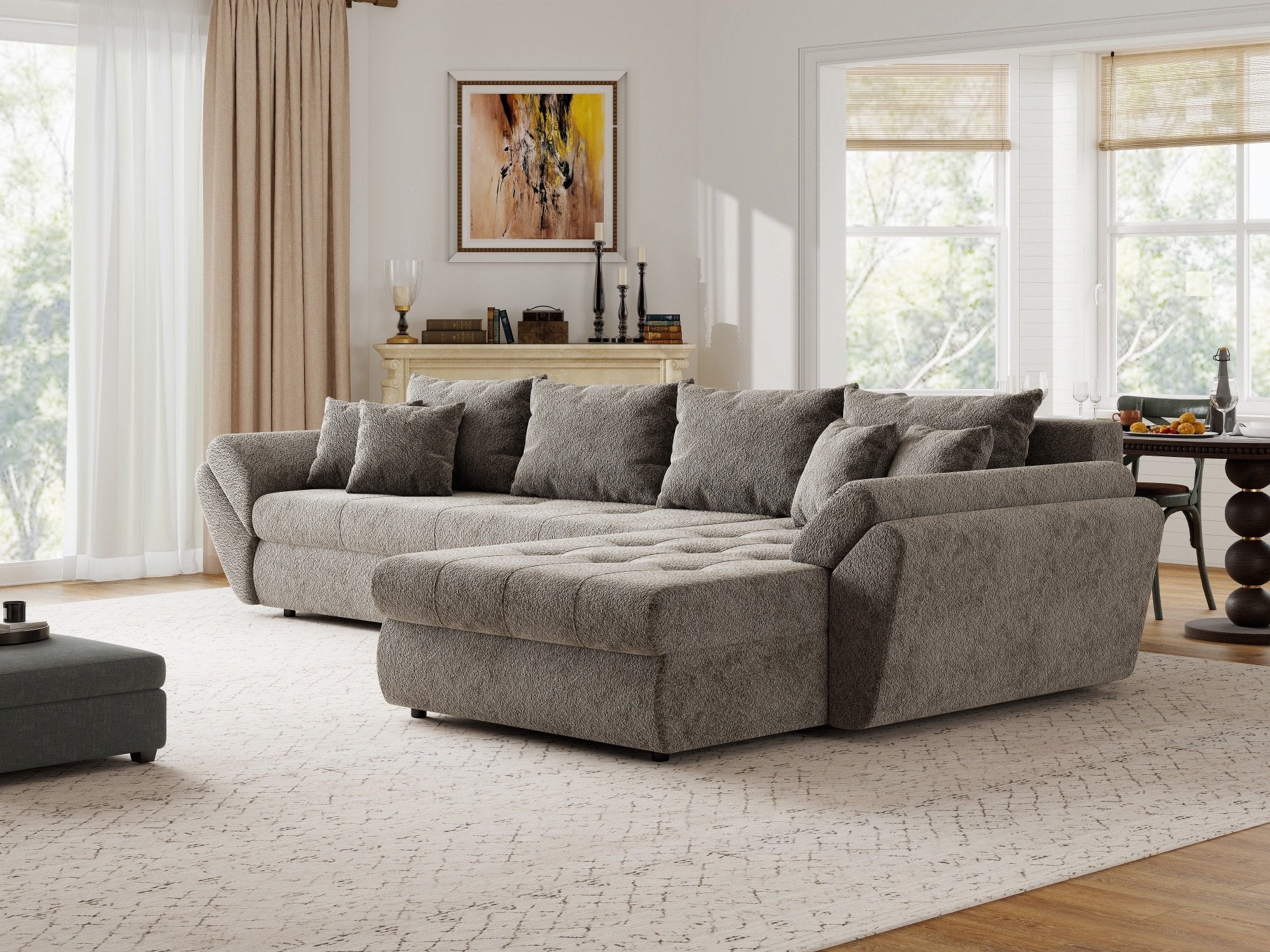 Colțar extensibil dumonde cu ladă de depozitare si sezut confortabil din spuma high-density, Loana XL Arena Taupe II 335x185 cm
