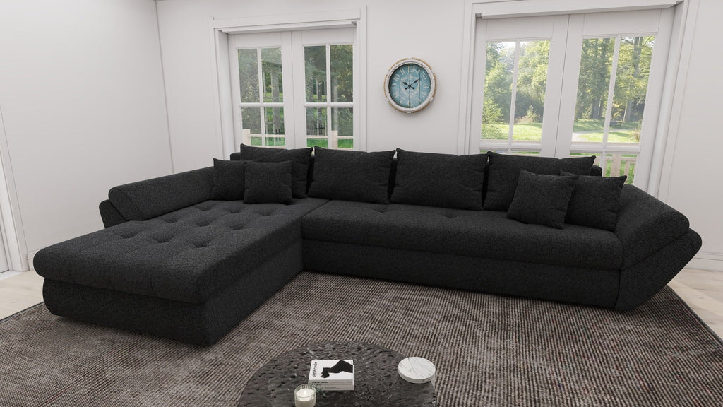 Colțar extensibil dumonde cu ladă de depozitare si sezut confortabil din spuma high-density, Loana XL Quelle Negru 335x185 cm