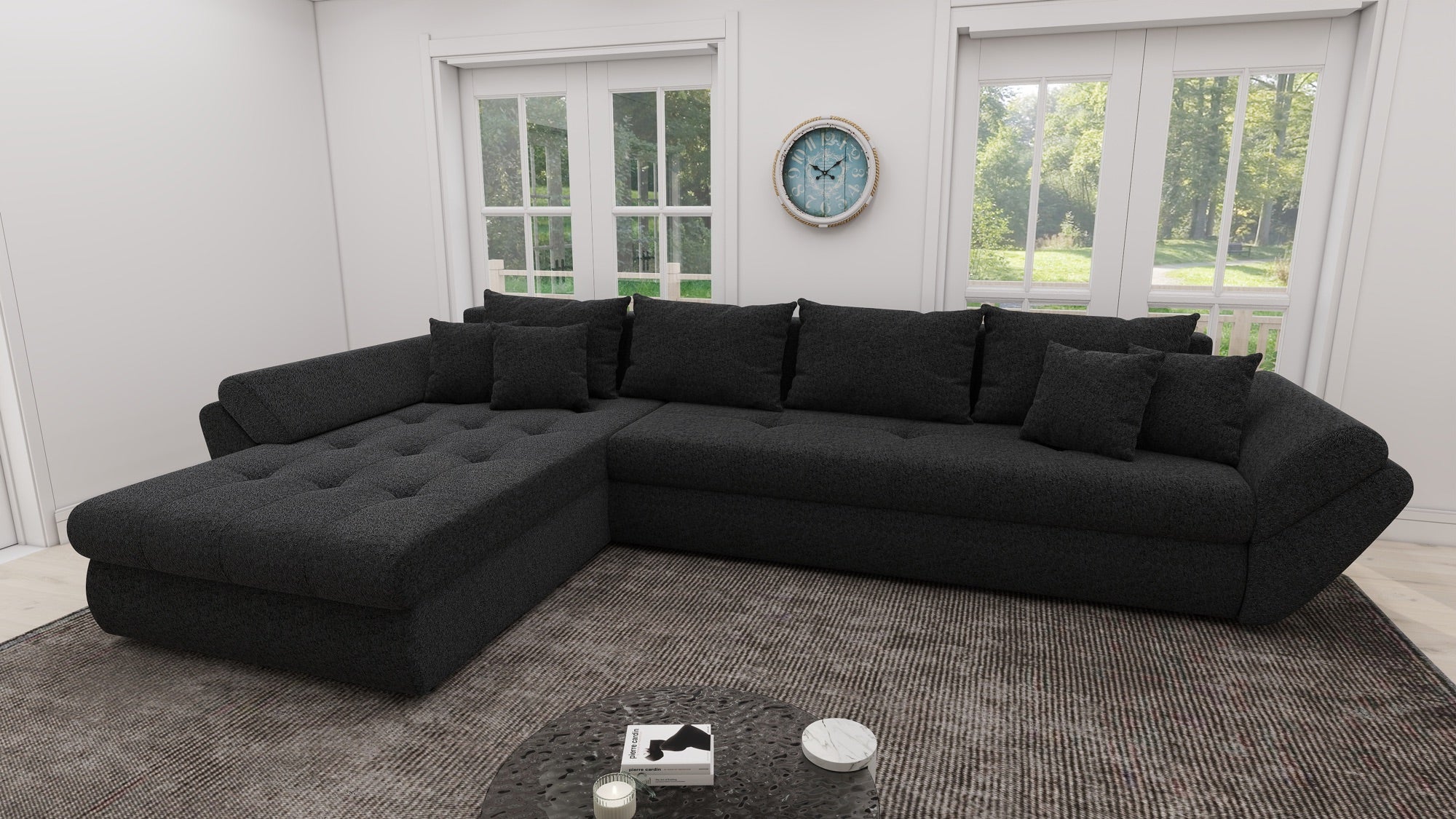 Colțar extensibil dumonde cu ladă de depozitare si sezut confortabil din spuma high-density, Loana XL Quelle Negru 335x185 cm