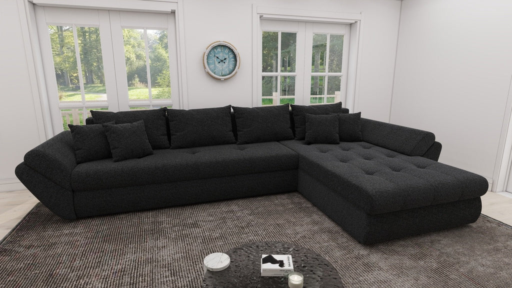 Colțar extensibil dumonde cu ladă de depozitare si sezut confortabil din spuma high-density, Loana XL Quelle Negru II 335x185 cm