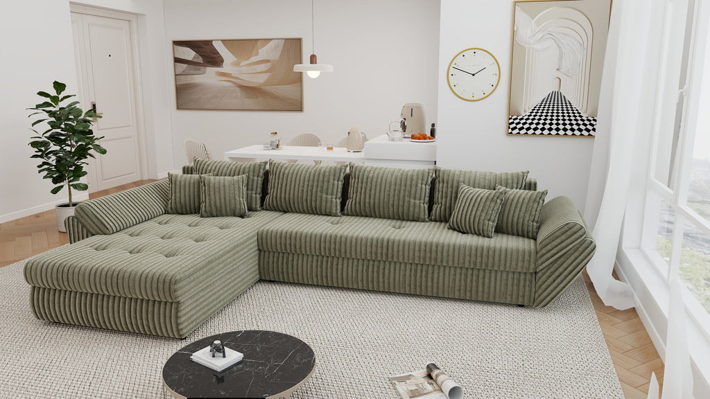Colțar extensibil dumonde cu ladă de depozitare si sezut confortabil din spuma high-density, Loana XL Tilia Verde Olive 335x185 cm