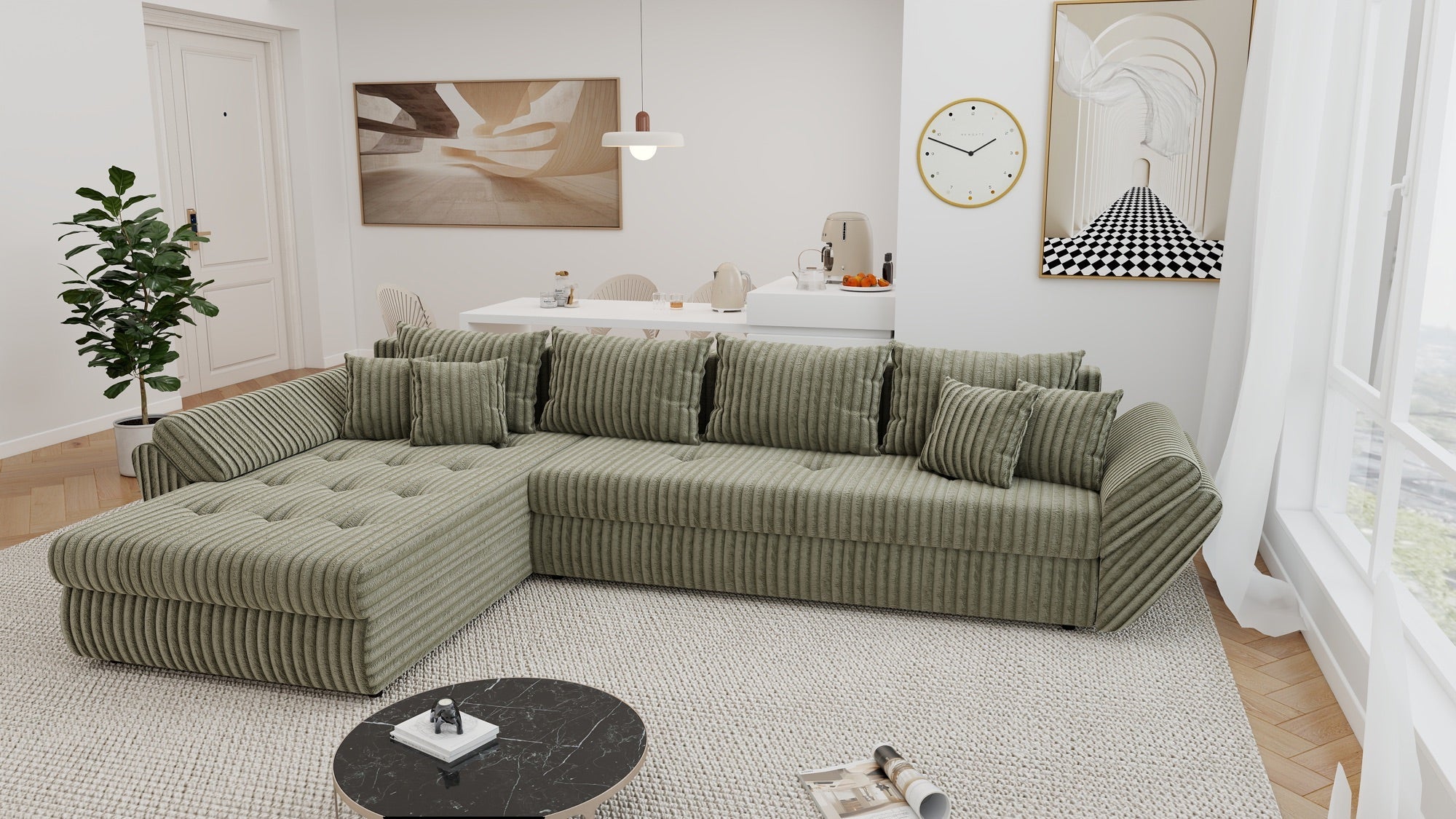 Colțar extensibil dumonde cu ladă de depozitare si sezut confortabil din spuma high-density, Loana XL Tilia Verde Olive 335x185 cm
