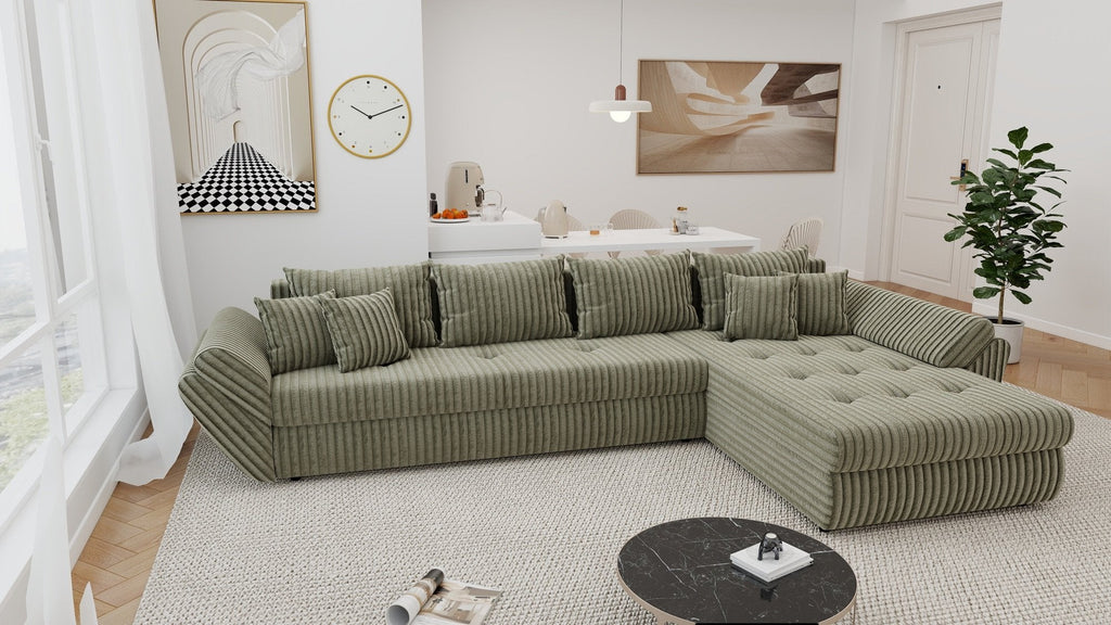 Colțar extensibil dumonde cu ladă de depozitare si sezut confortabil din spuma high-density, Loana XL Tilia Verde Olive II 335x185 cm