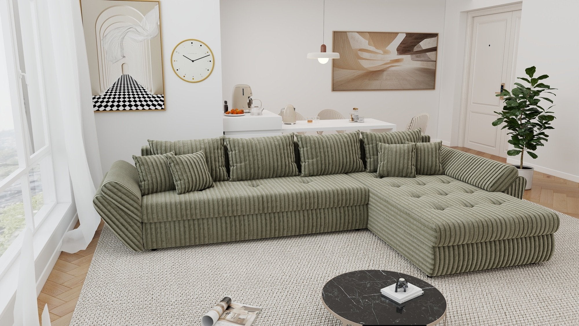 Colțar extensibil dumonde cu ladă de depozitare si sezut confortabil din spuma high-density, Loana XL Tilia Verde Olive II 335x185 cm