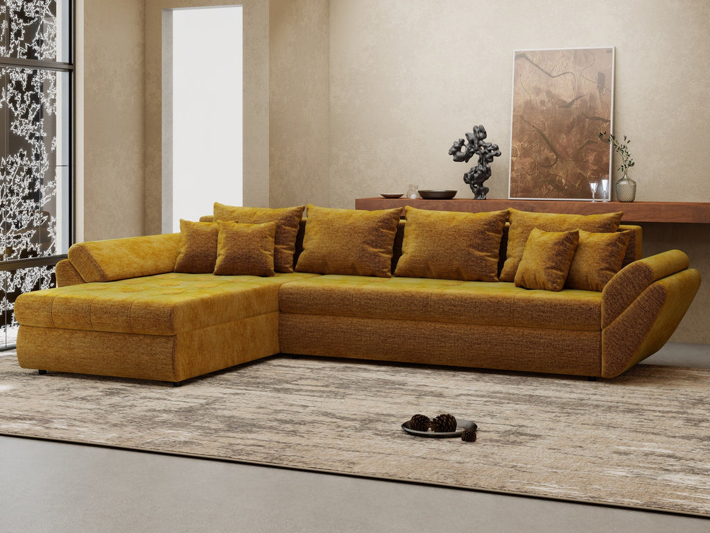 Colțar extensibil dumonde cu ladă de depozitare si sezut confortabil din spuma high-density, Loana XL Monolith Mustar 335x185 cm