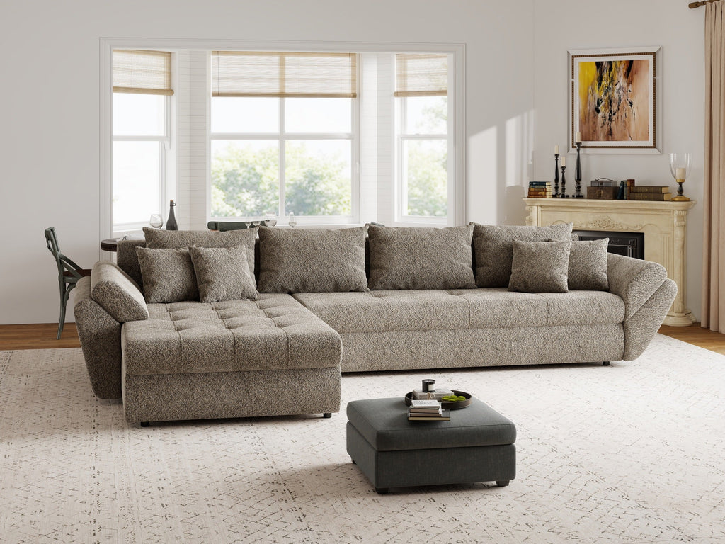 Colțar extensibil dumonde cu ladă de depozitare si sezut confortabil din spuma high-density, Loana XL Arena Maro 335x185 cm