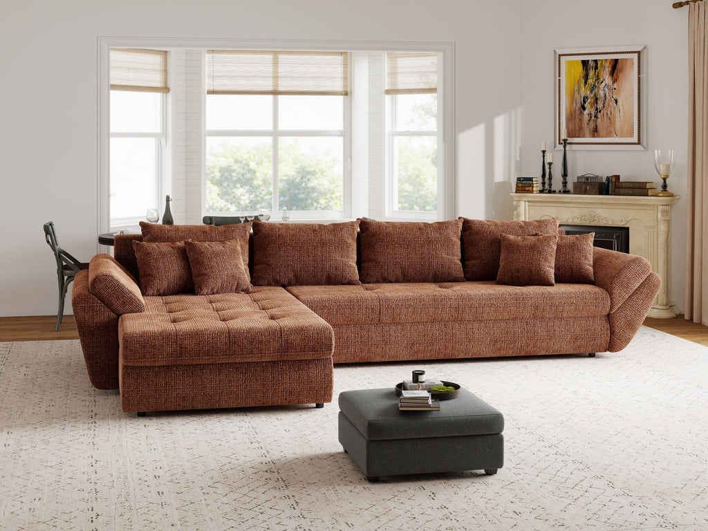 Colțar extensibil dumonde cu ladă de depozitare si sezut confortabil din spuma high-density, Loana XL Cremona Teracota 335x185 cm
