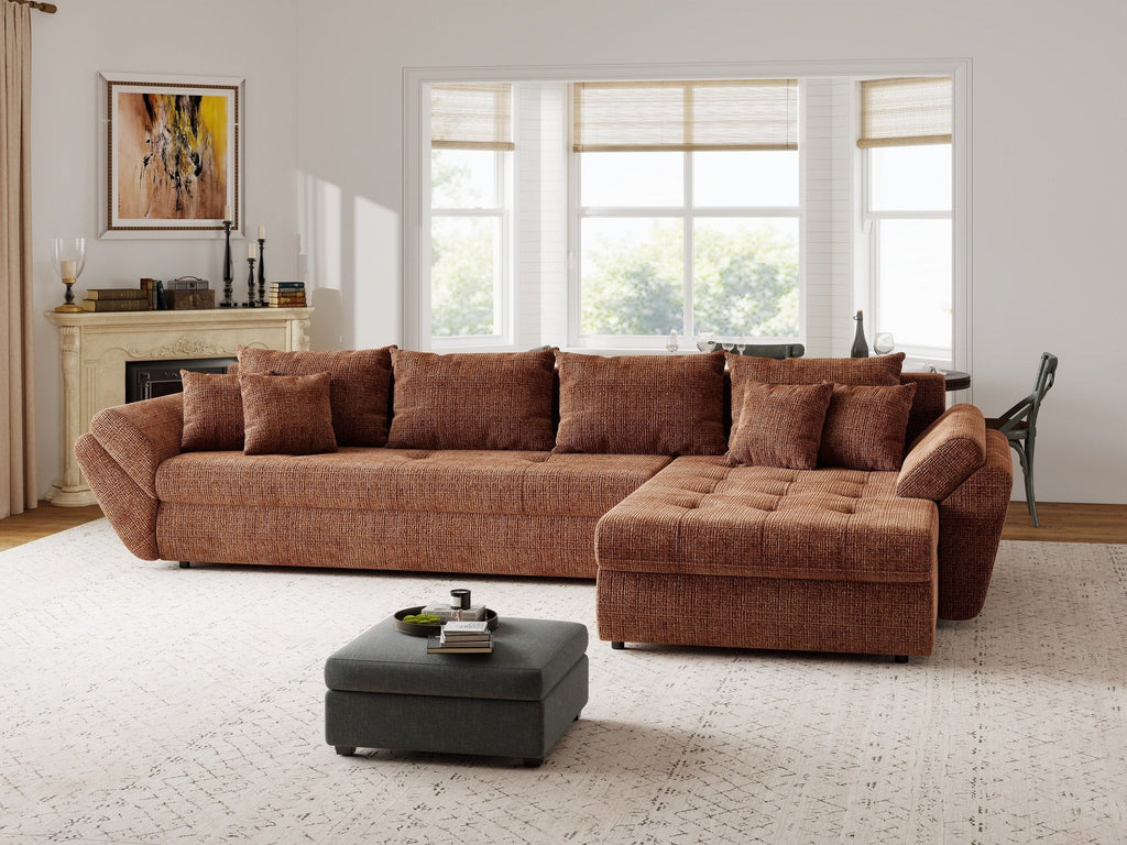 Colțar extensibil dumonde cu ladă de depozitare si sezut confortabil din spuma high-density, Loana XL Cremona Teracota II 335x185 cm