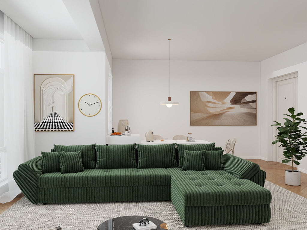 Colțar extensibil dumonde cu ladă de depozitare si sezut confortabil din spuma high-density, Loana XL Tilia Verde II 335x185 cm