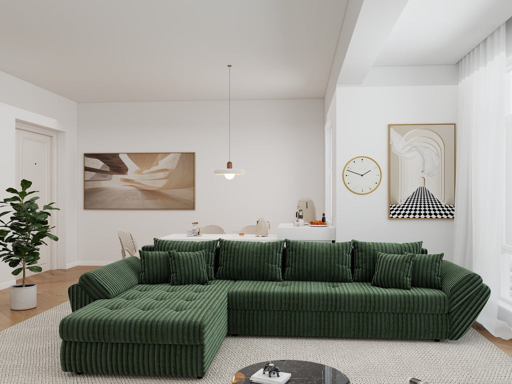 Colțar extensibil dumonde cu ladă de depozitare si sezut confortabil din spuma high-density, Loana XL Tilia Verde 335x185 cm