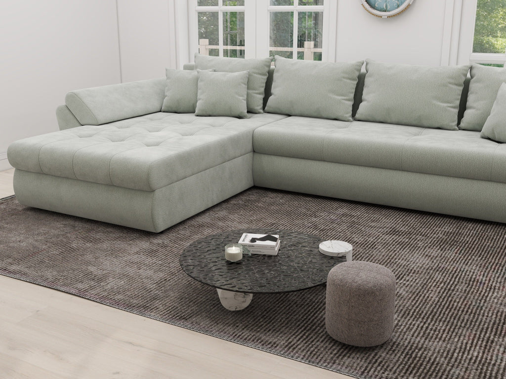Colțar extensibil dumonde cu ladă de depozitare si sezut confortabil din spuma high-density, Loana XL Vibe Mint 335x185 cm