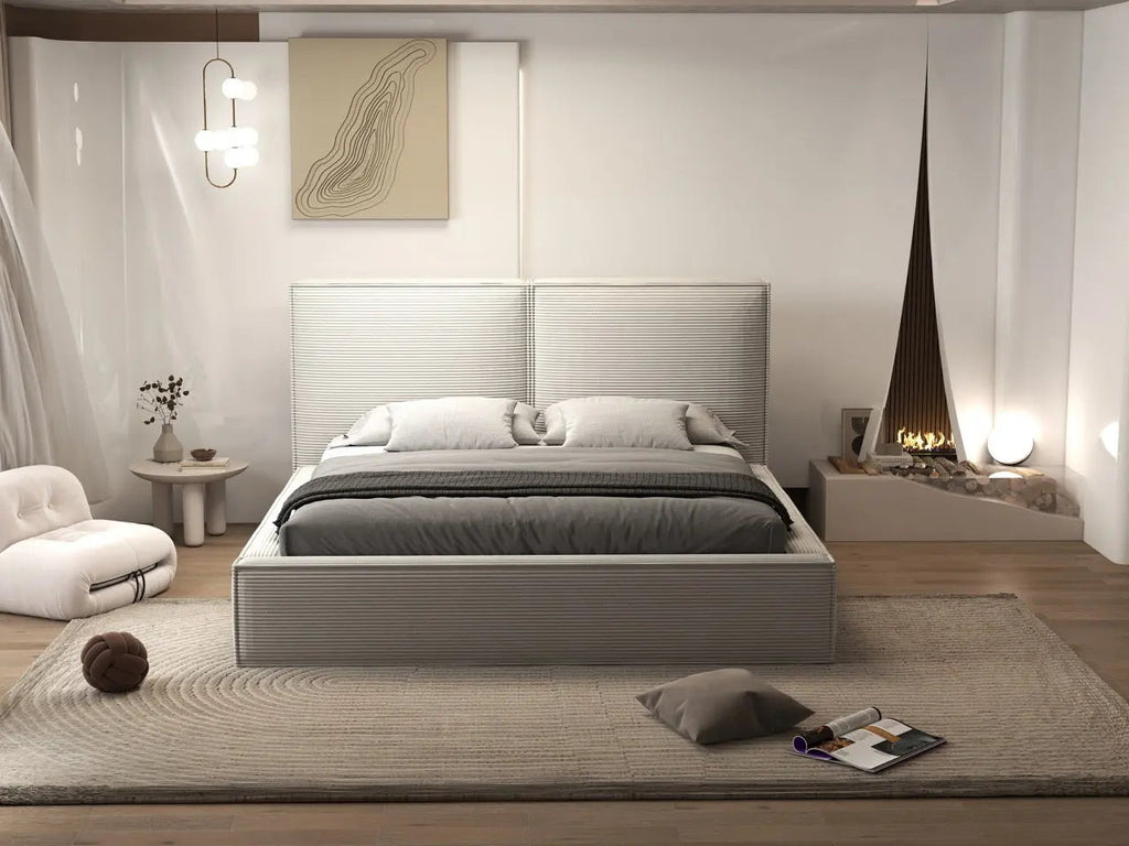 Pat dormitor dumonde, tapitat gri, Dreamer 180x200 cm, somiera rabatabila inclusa, spatiu depozitare