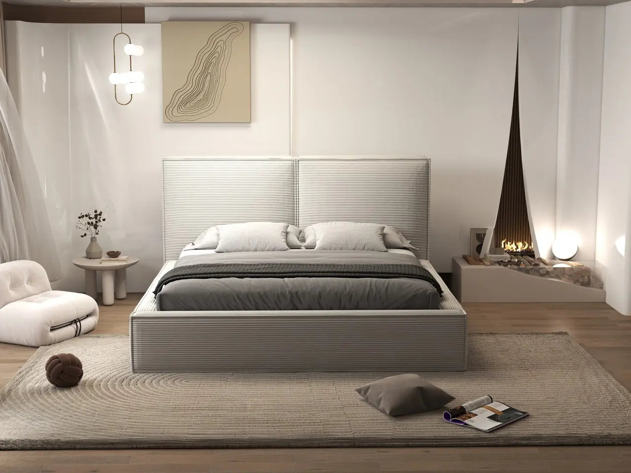 Pat dormitor dumonde, tapitat gri, Dreamer 180x200 cm, somiera rabatabila inclusa, spatiu depozitare