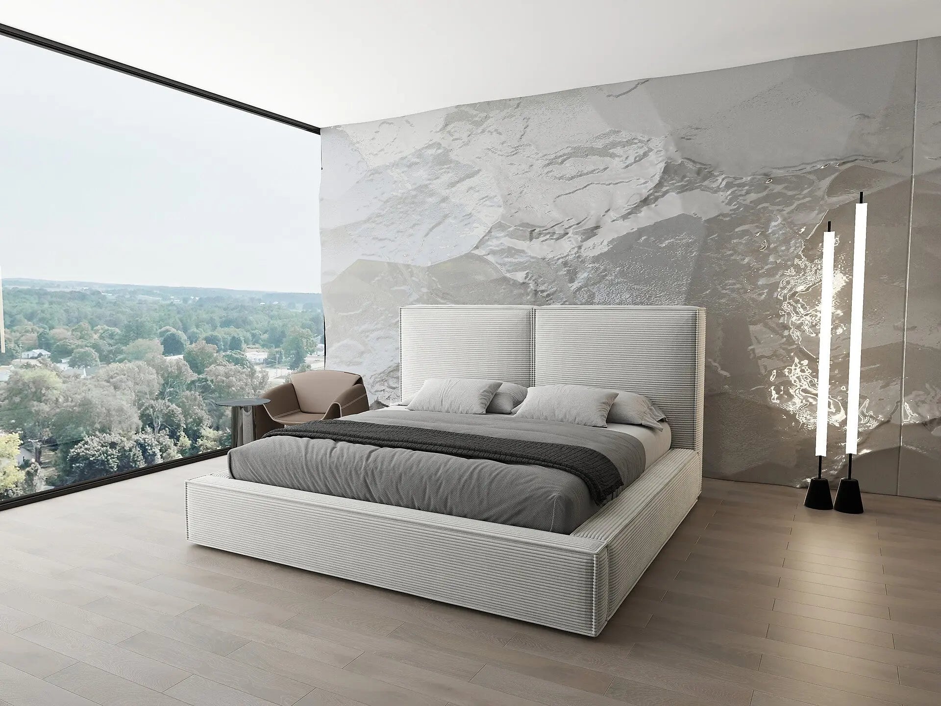 Pat dormitor dumonde, tapitat bej, Dreamer 160x200 cm, somiera rabatabila inclusa, spatiu depozitare