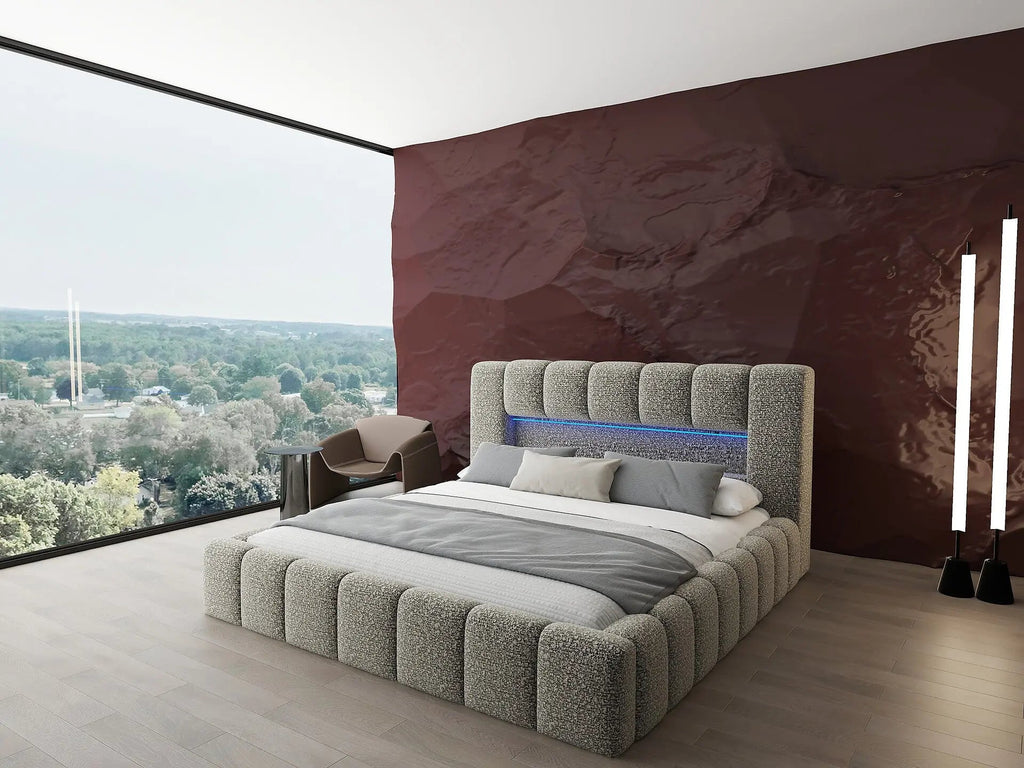 Pat dormitor dumonde, tapitat bej cu LED si USB, Palermo 160x200 cm, somiera rabatabila inclusa, spatiu depozitare