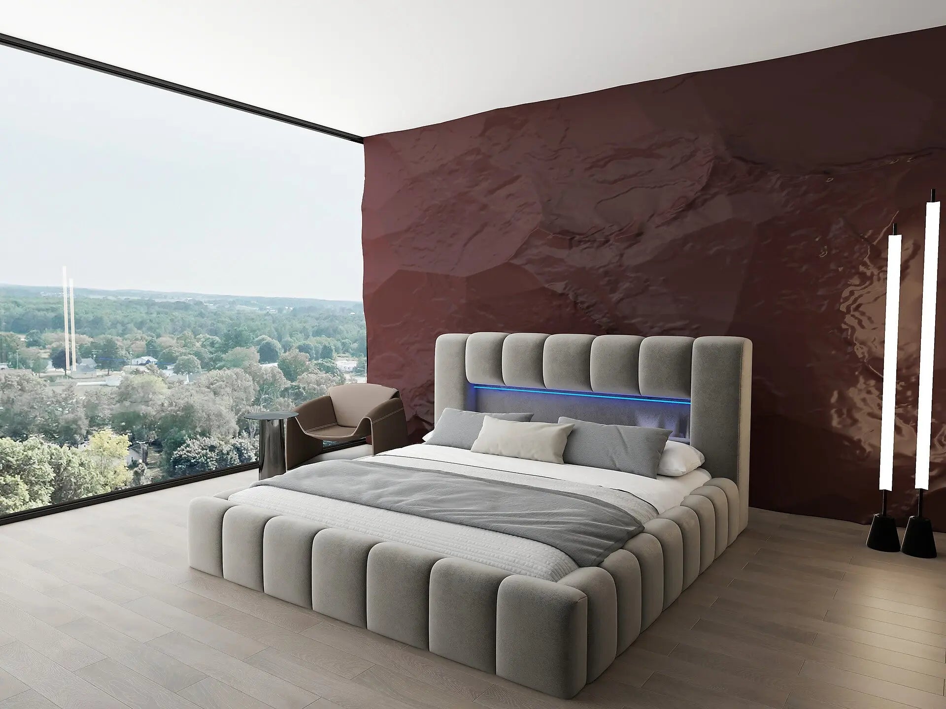 Pat dormitor dumonde, tapitat bej cu LED si USB, Palermo 180x200 cm, somiera rabatabila inclusa, spatiu depozitare