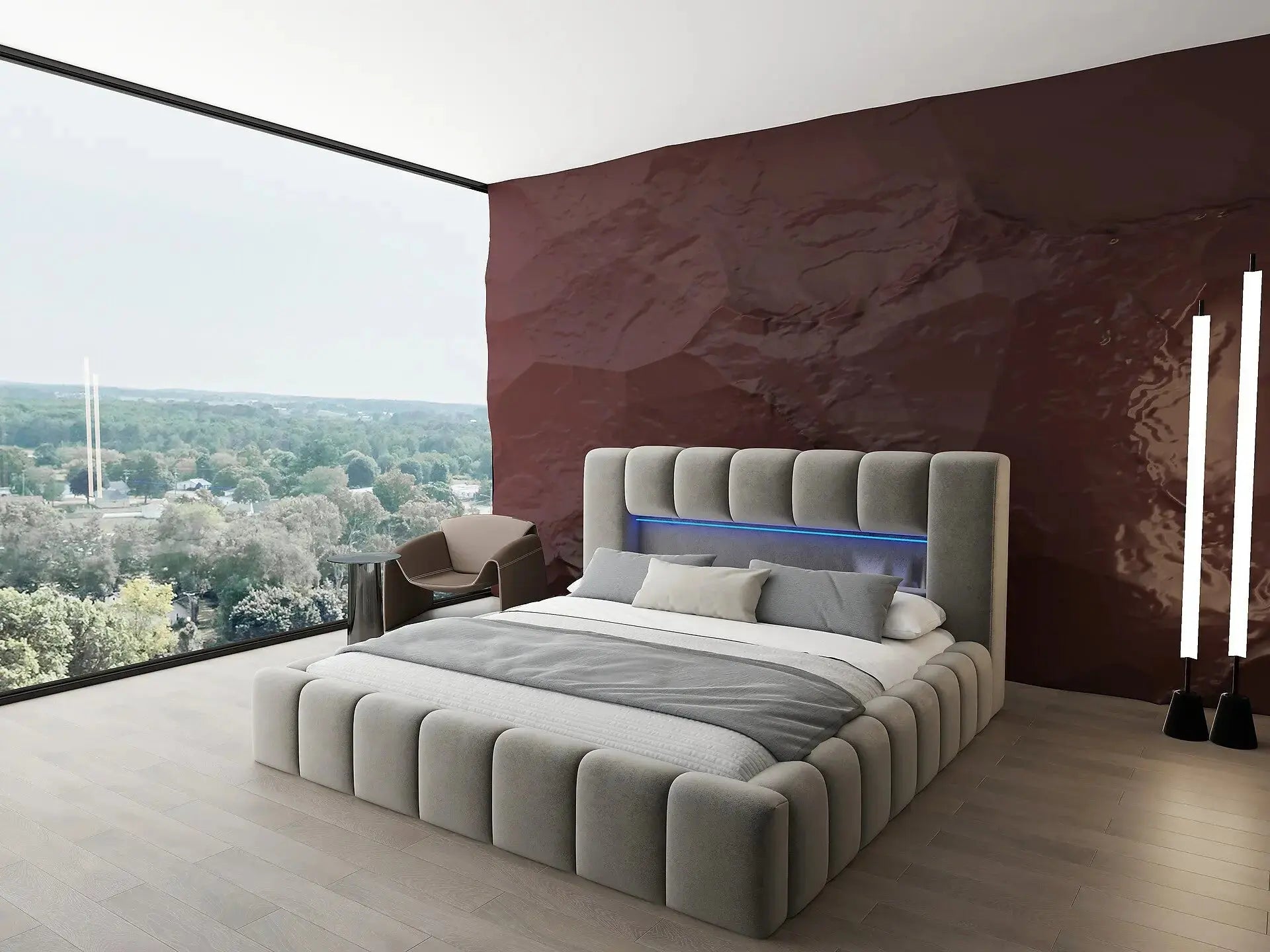 Pat dormitor dumonde, tapitat bej cu LED si USB, Palermo 160x200 cm, somiera rabatabila inclusa, spatiu depozitare
