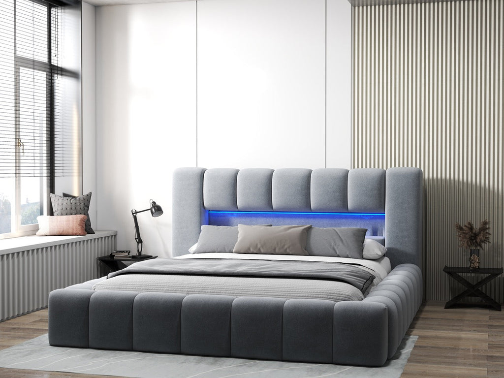 Pat dormitor dumonde, tapitat gri cu LED si USB, Palermo 160x200 cm, somiera rabatabila inclusa, spatiu depozitare