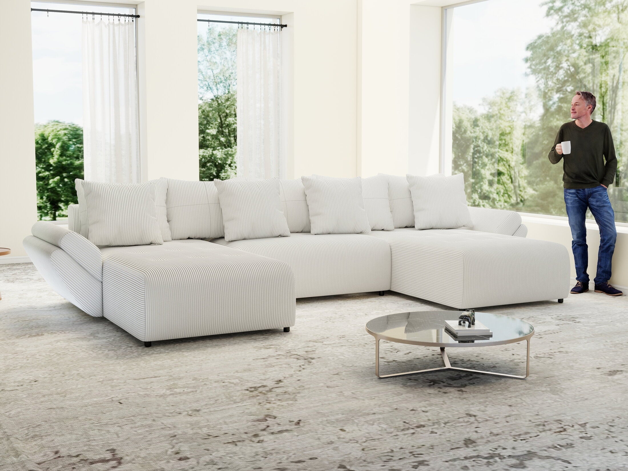 Colțar extensibil dumonde cu ladă de depozitare si sezut confortabil din spuma high-density, Berlin U Zoom Grey 380x180 cm