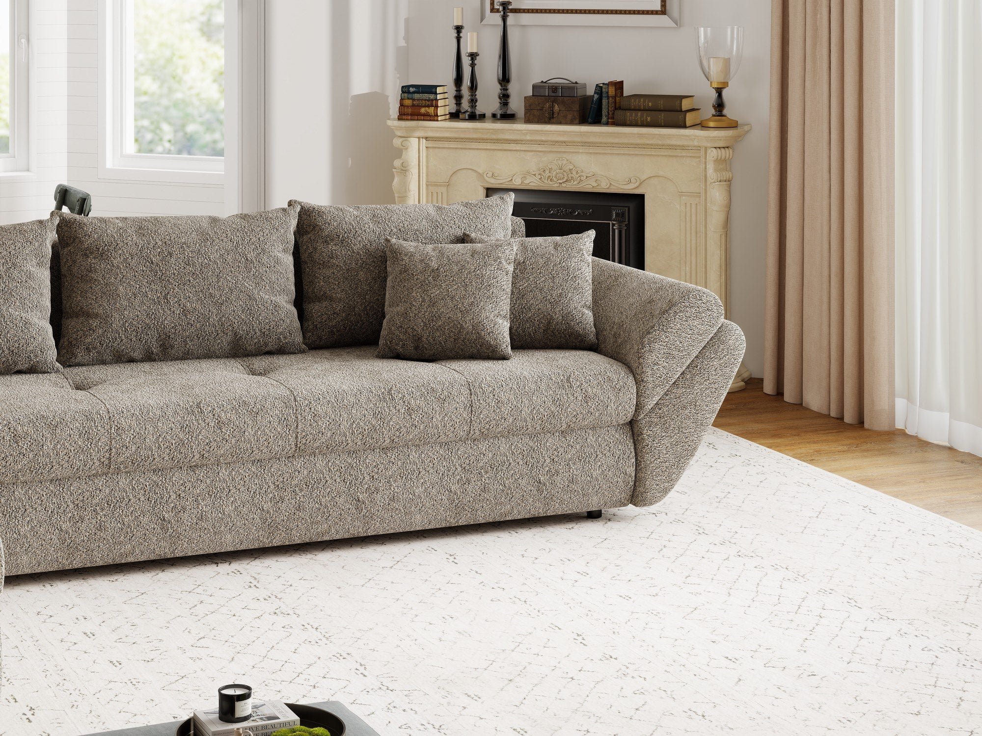 Colțar extensibil dumonde cu ladă de depozitare si sezut confortabil din spuma high-density, Loana XL Arena Maro 335x185 cm