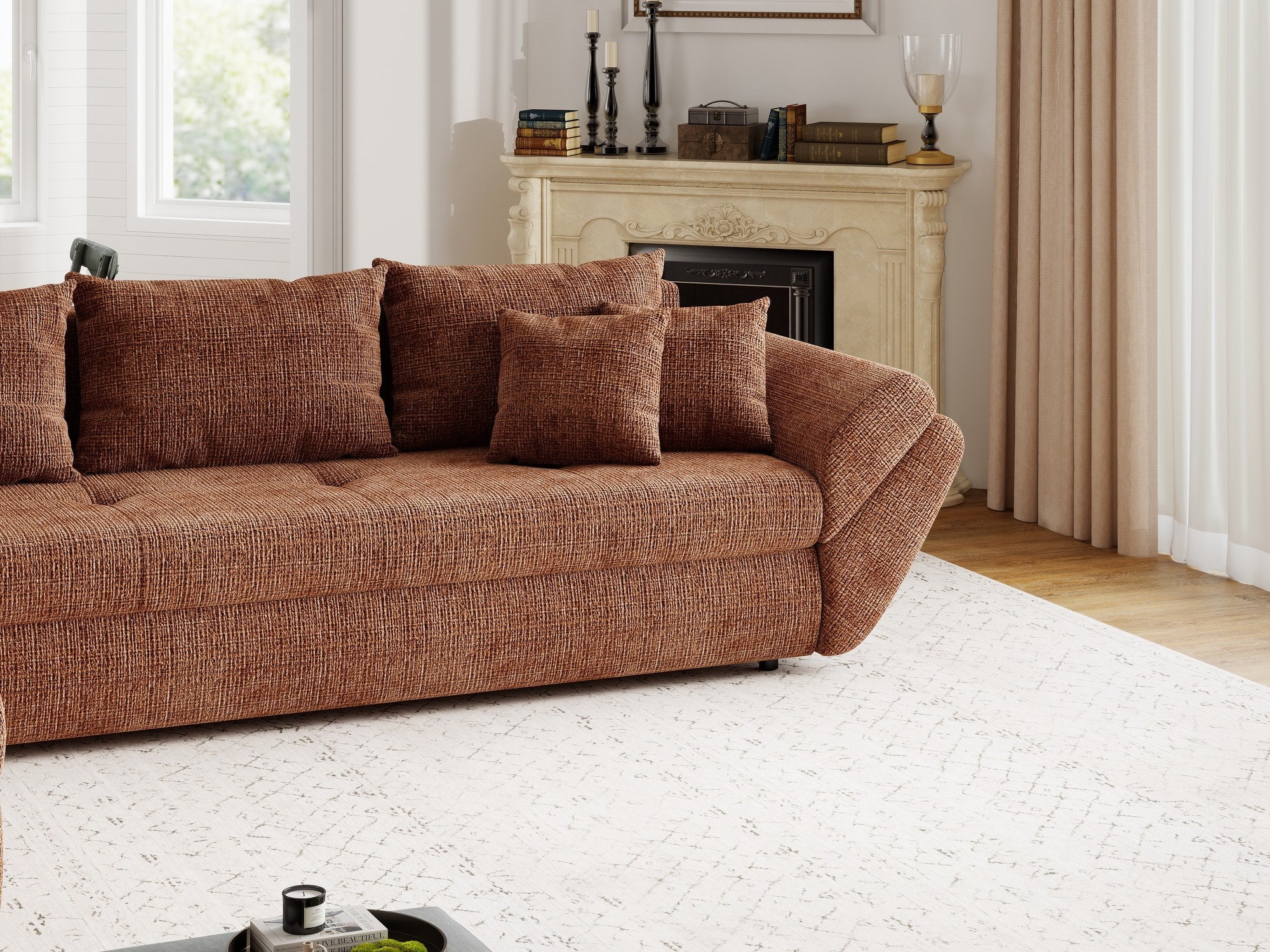 Colțar extensibil dumonde cu ladă de depozitare si sezut confortabil din spuma high-density, Loana XL Cremona Teracota 335x185 cm