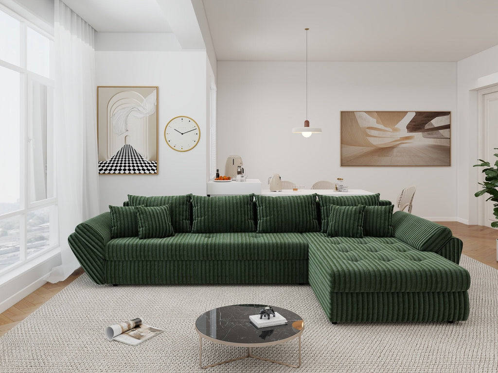 Colțar extensibil dumonde cu ladă de depozitare si sezut confortabil din spuma high-density, Loana XL Tilia Verde II 335x185 cm