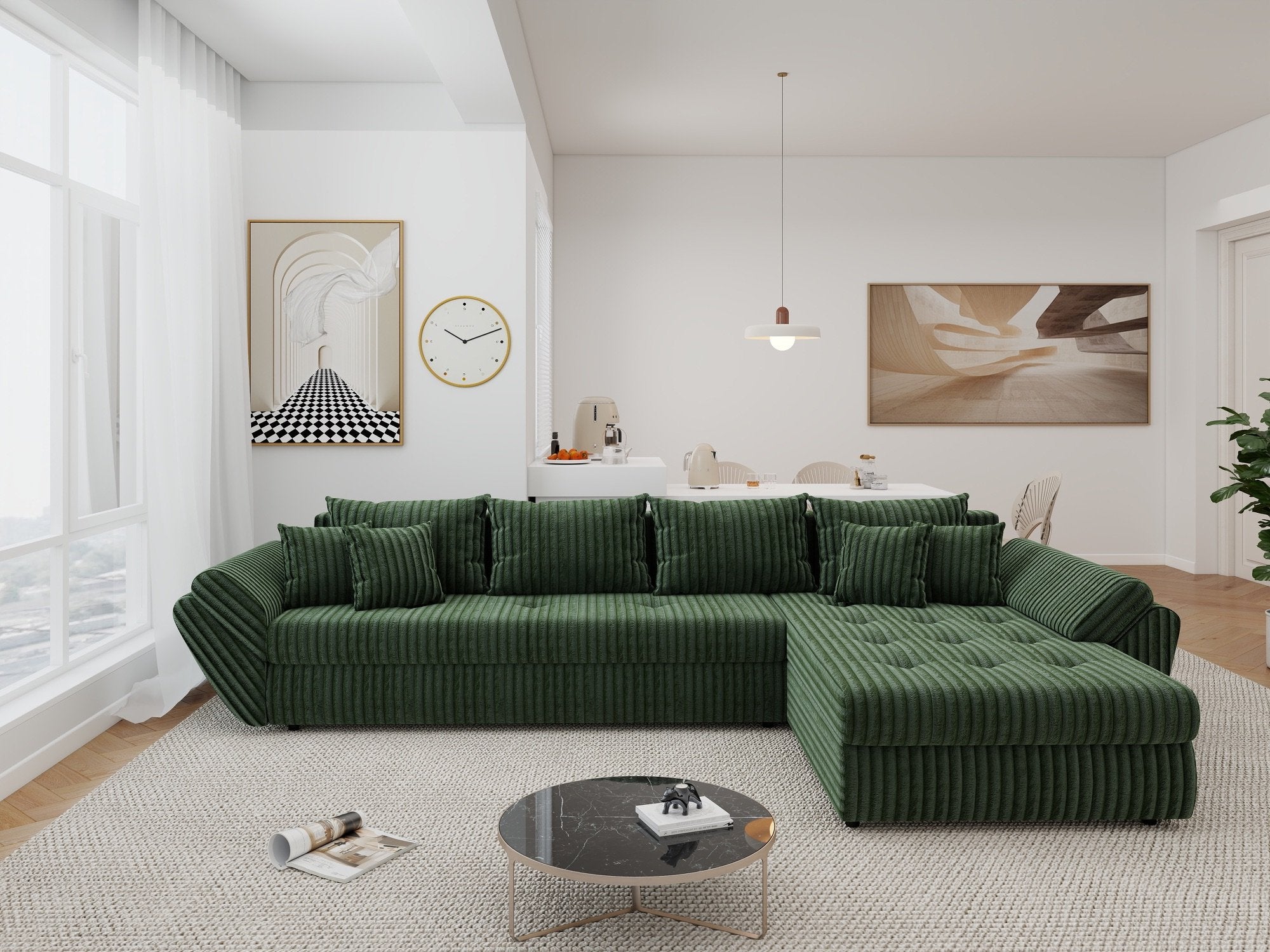 Colțar extensibil dumonde cu ladă de depozitare si sezut confortabil din spuma high-density, Loana XL Tilia Verde II 335x185 cm