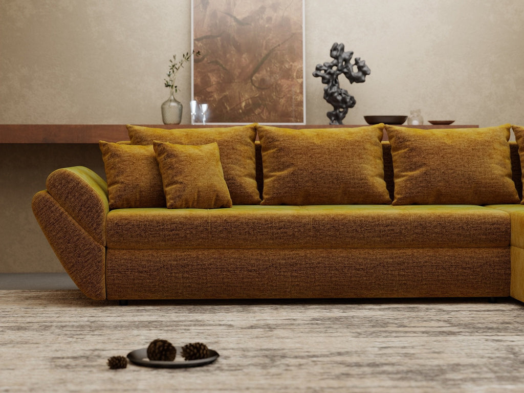 Colțar extensibil dumonde cu ladă de depozitare si sezut confortabil din spuma high-density, Loana XL Monolith Mustar II 335x185 cm
