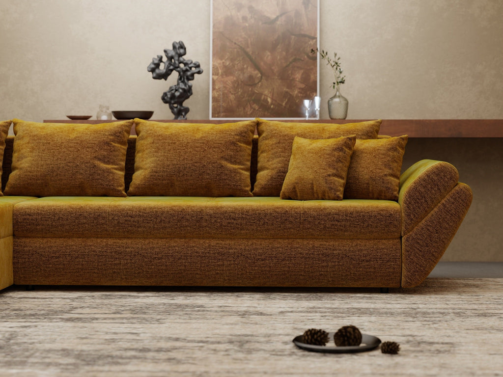 Colțar extensibil dumonde cu ladă de depozitare si sezut confortabil din spuma high-density, Loana XL Monolith Mustar 335x185 cm