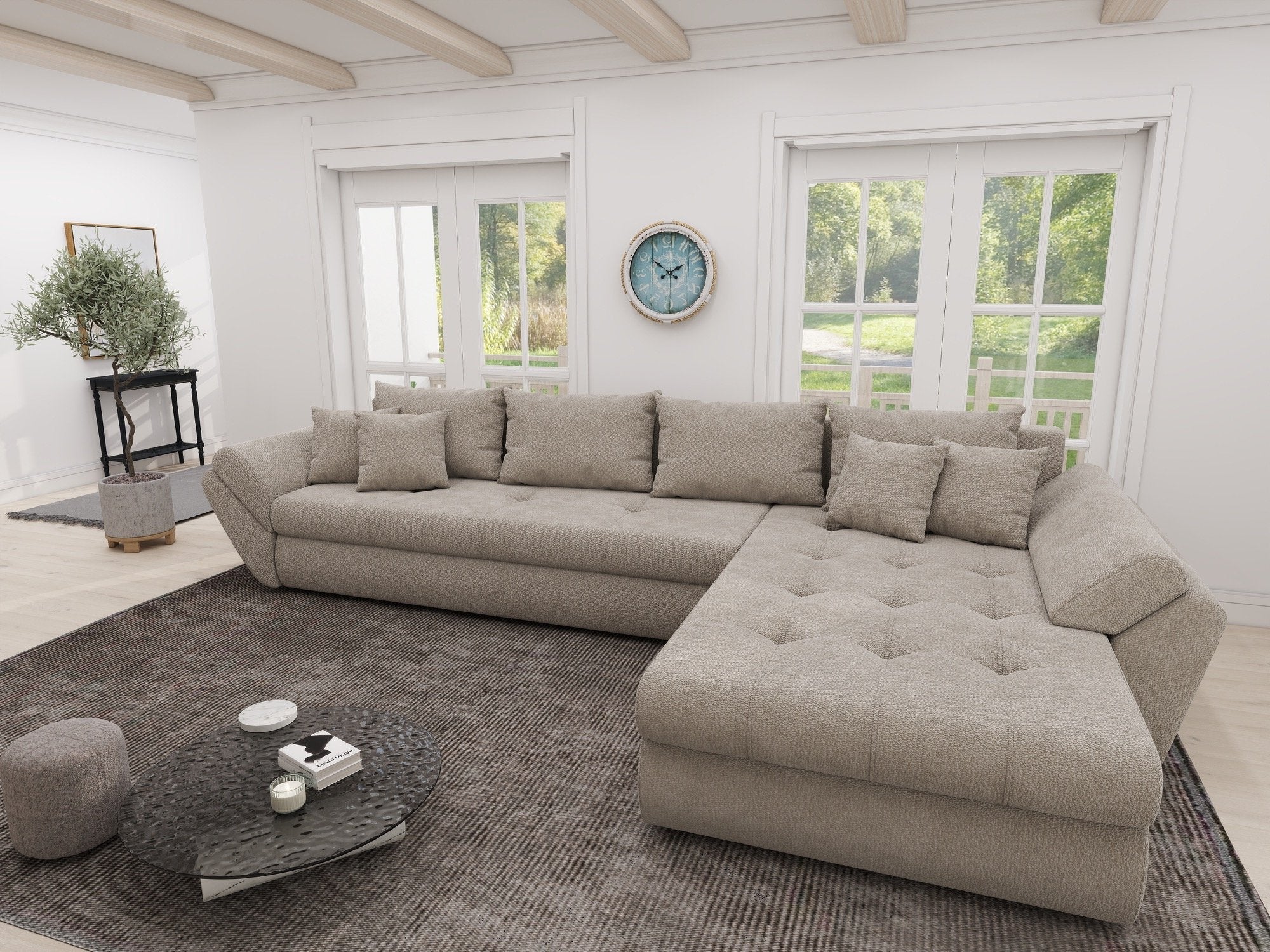 Colțar extensibil dumonde cu ladă de depozitare si sezut confortabil din spuma high-density, Loana XL Vibe Bej 06 II 335x185 cm
