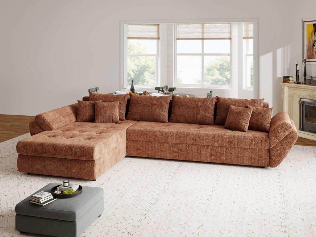 Colțar extensibil dumonde cu ladă de depozitare si sezut confortabil din spuma high-density, Loana XL Cremona Teracota 335x185 cm