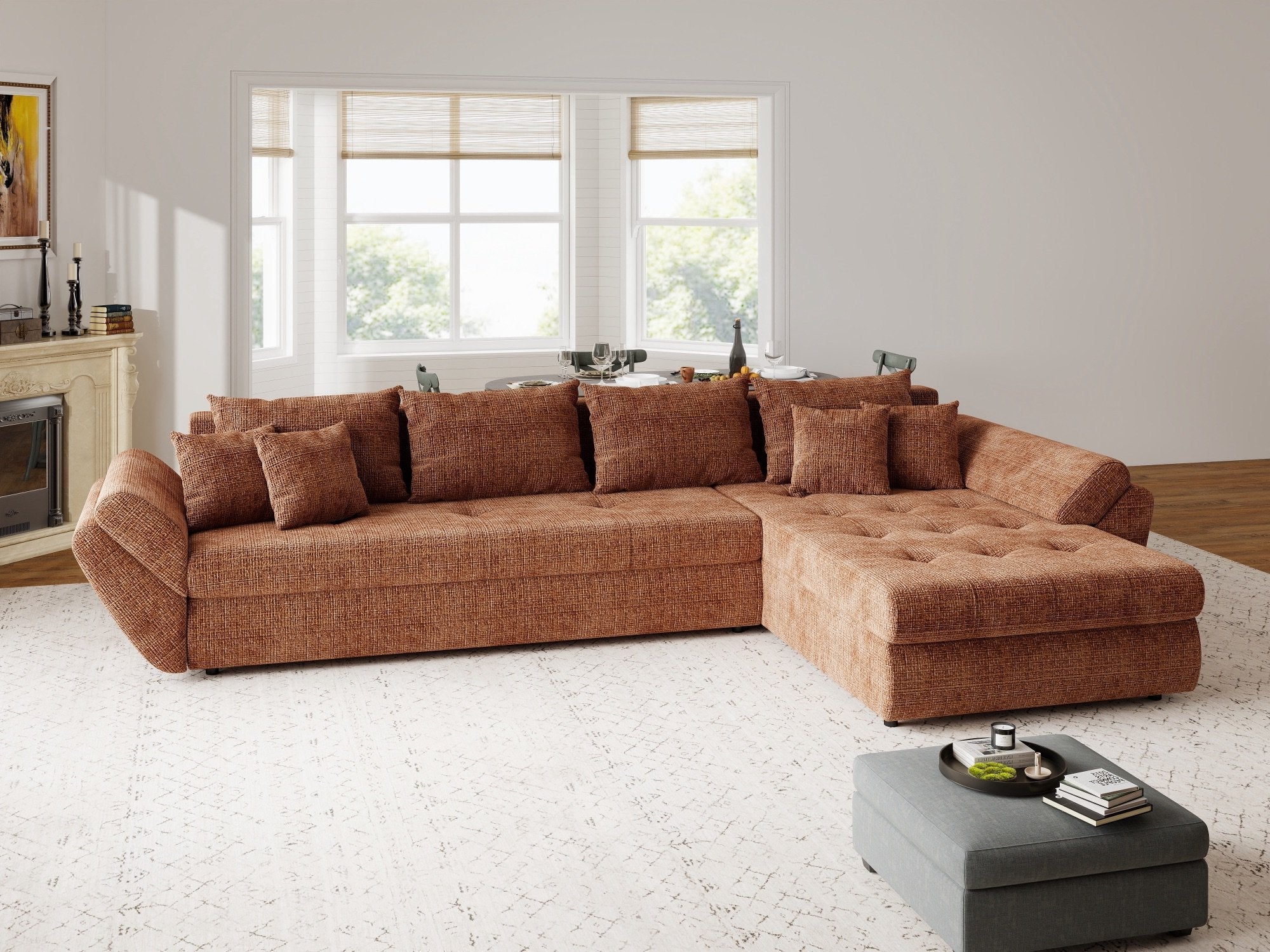 Colțar extensibil dumonde cu ladă de depozitare si sezut confortabil din spuma high-density, Loana XL Cremona Teracota II 335x185 cm
