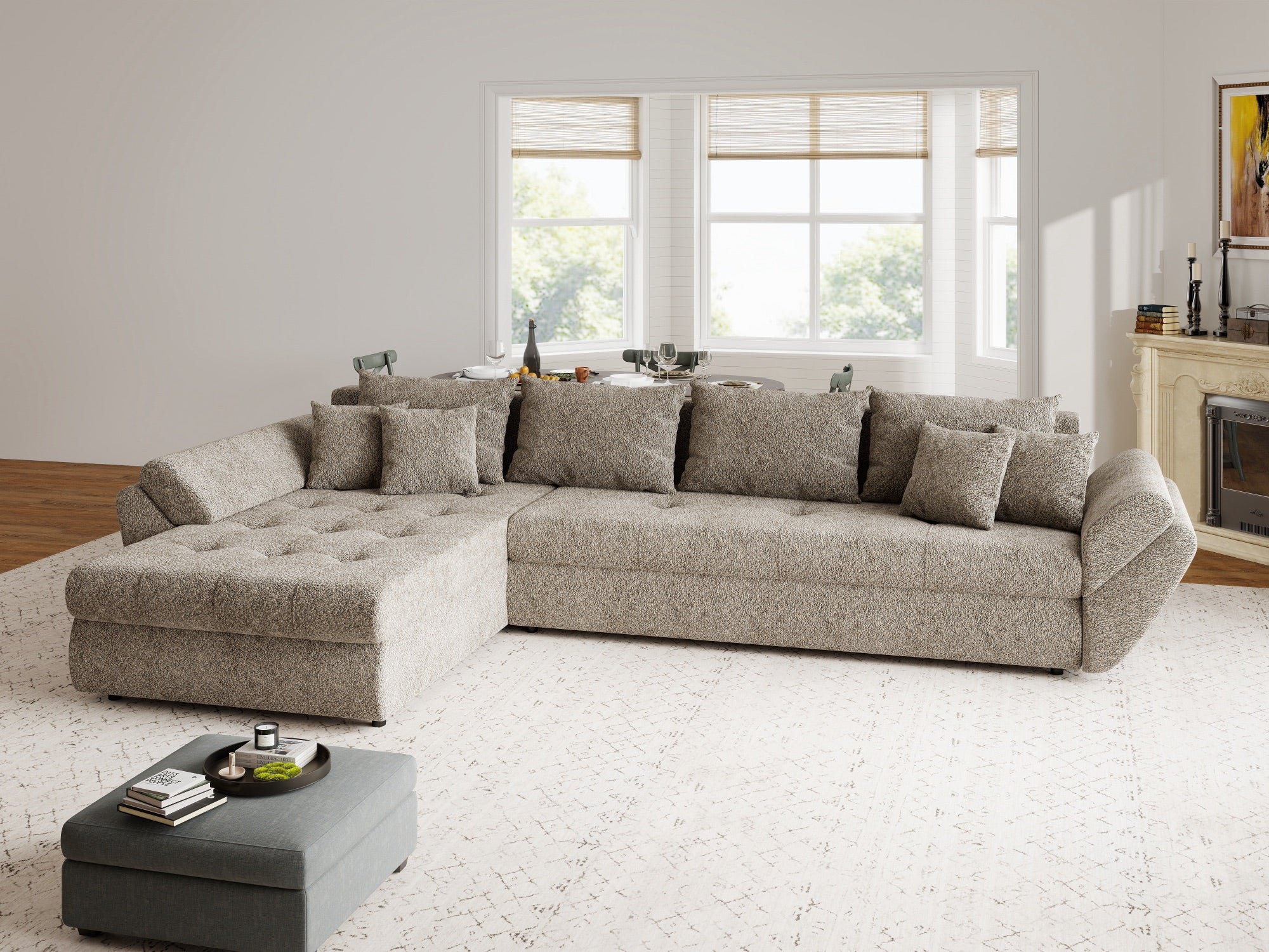 Colțar extensibil dumonde cu ladă de depozitare si sezut confortabil din spuma high-density, Loana XL Arena Maro 335x185 cm