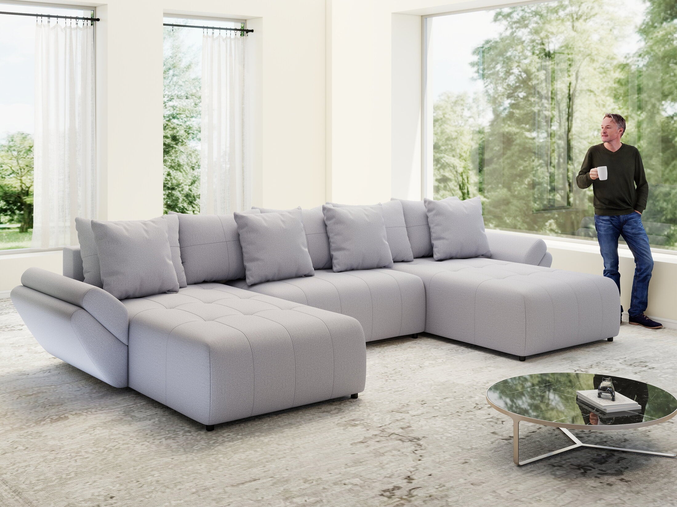 Colțar extensibil dumonde cu ladă de depozitare si sezut confortabil din spuma high-density, Berlin U Enjoy Gri 380x180 cm
