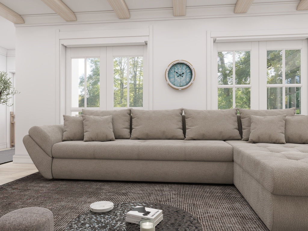 Colțar extensibil dumonde cu ladă de depozitare si sezut confortabil din spuma high-density, Loana XL Vibe Bej 06 II 335x185 cm