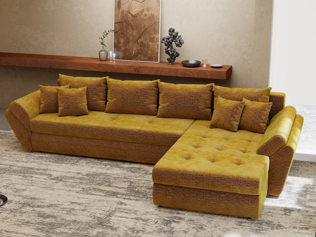 Colțar extensibil dumonde cu ladă de depozitare si sezut confortabil din spuma high-density, Loana XL Monolith Mustar II 335x185 cm