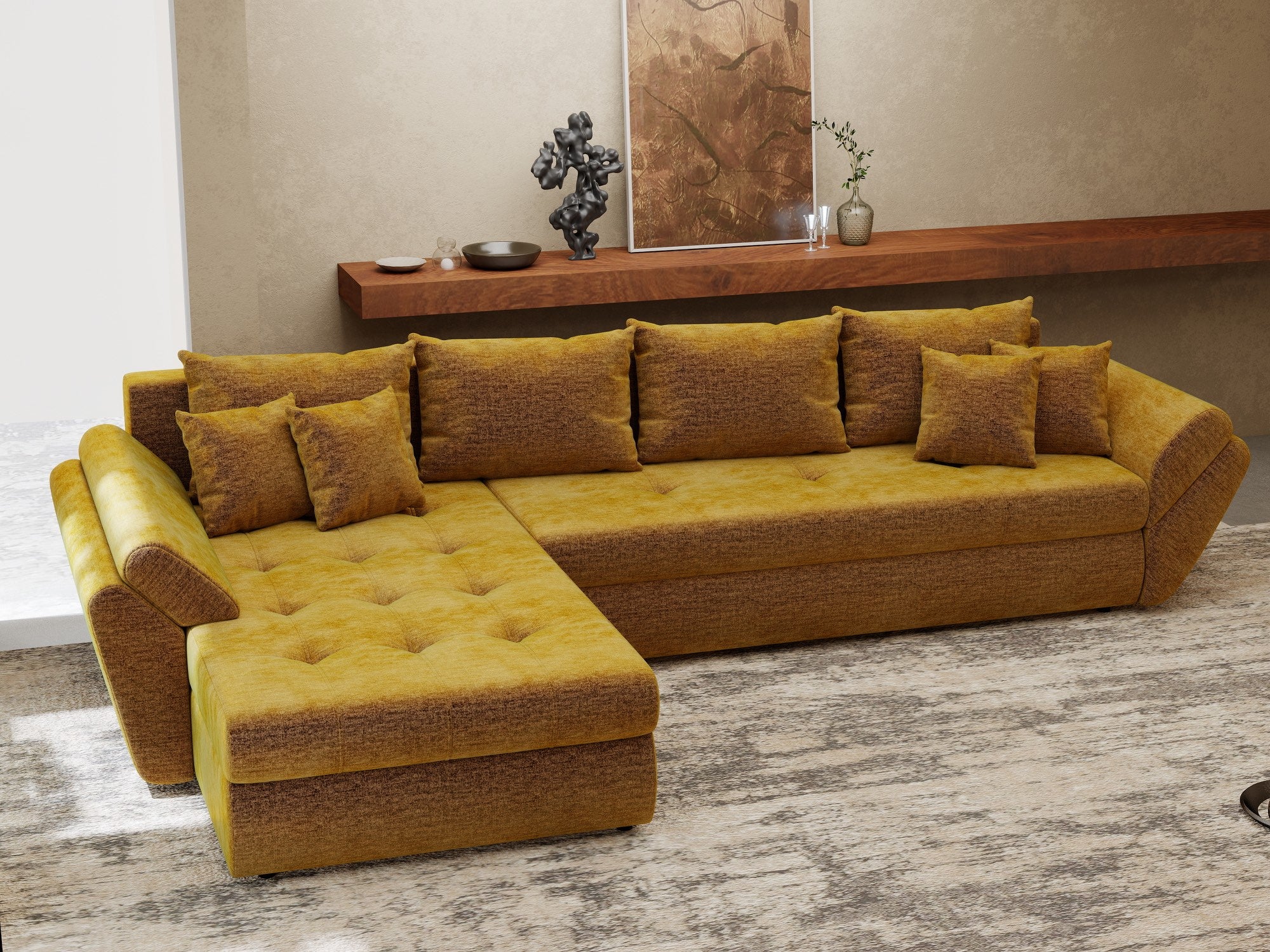 Colțar extensibil dumonde cu ladă de depozitare si sezut confortabil din spuma high-density, Loana XL Monolith Mustar 335x185 cm